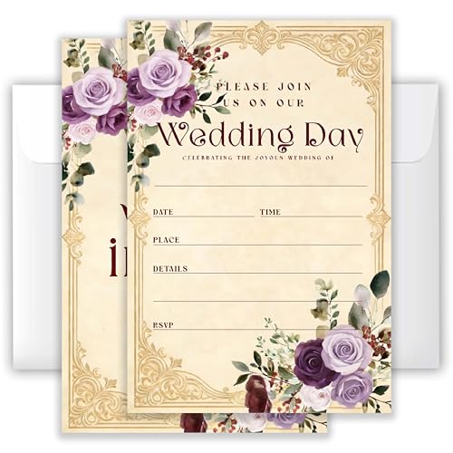 ATOERNCSO 4x6 Vintage Purple Floral Wedding Invitation Set (20 Cards + 20 Envelopes) – Lavender & Deep Purple Rose Gold Frame Wedding Day Invitations.(179)