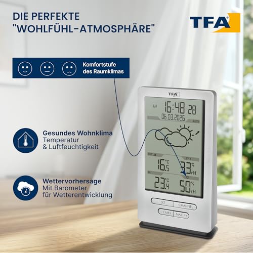 TFA Dostmann Funk Wetterstation Xena, 35.1162.54, mit Außensensor, Innen und Außentemperatur messen, mit Wettervorhersage, inkl Funkuhr, Luftfeuchtigkeit, batteriebetrieben, silber