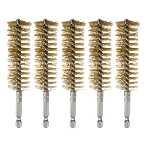 HARFINGTON 5Pcs Bore Brush Brass 25mm Dia Cleaning Twisted Bronze Wire Brush Tube Pipe Cleaner with Handle 1/4 Inch Hex Shank for Tubes, Ports, Bearings