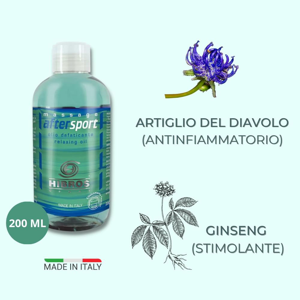 Hibros Olio Aftersport Massaggio Sportivo Azione Defaticante Rivitalizzante Emolliente Idratante Stimolante Post Attività Sportiva Dopo Sport con Ingredienti Naturali 200 ml