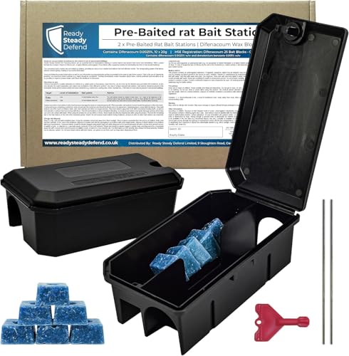 Pre-Baited Rat Boxes – 2 Pack, Ready-to-Use Rodent Control Stations for Indoors & Outdoors – Secure Enclosed Design for Homes, Sheds & Garages