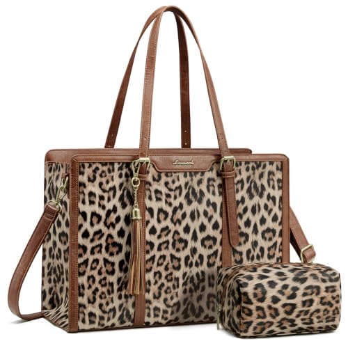 LOVEVOOK Laptop Bag for Women Vintage Leather Laptop Tote 15.6 inch Large Capacity Computer Bag with Clutch Purse for Work