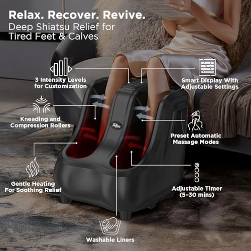 Image of Dr Physio USA 1053 Grandmaster Foot Massager Machine for pain relief | Electric Leg & Calf Massage Machine with Soothing Heat & 3 Intensity Levels | Vibrations, Rolling & Kneading Function for Muscle Relaxation