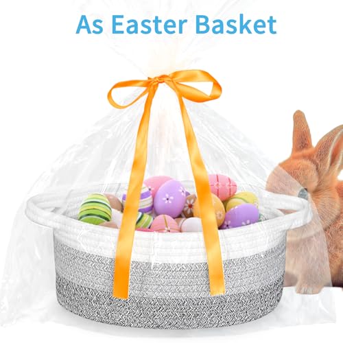 Image of Empty Gift Basket with Gift Bag & Ribbon, Woven Rope Basket, 12x8x5 inch
