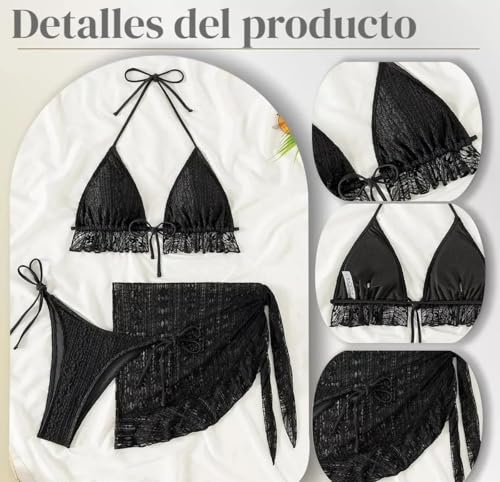 Image of LUXZII Sexy Beach Bikini Set for Women, Women's 3-Piece Crochet Bikini Set with Halter Ruffle Top and Side Tie Cover-Up Skirt - Sexy Swimsuit Beachwear for Summer, Pool, Vacation