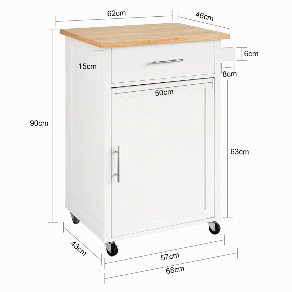 SoBuy Carrito Auxiliar con Ruedas Mueble Auxiliar de Cocina Carrito Cocina con cajón y Puerta Mesa Auxiliar Cocina Blanco-Naturale 68x46x90 cm FKW102-WN