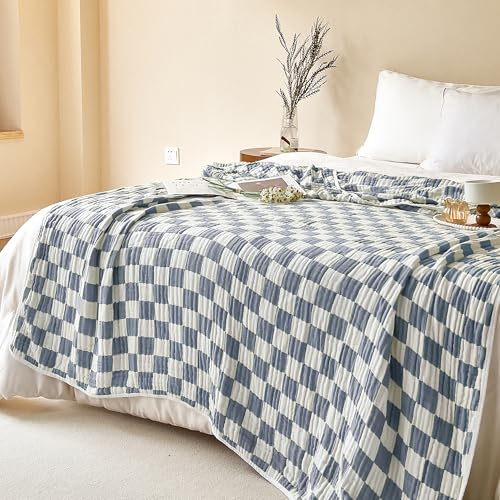 Image of SANACYNA 100% Cotton Muslin Blanket 6-Layer Gauze Blue Checkerboard Blanket Lightweight Soft and Breathable Swaddle Blanket for Crib Couch Bed Keep Warm (Blue Checker, Baby 30 inchx40 inch)