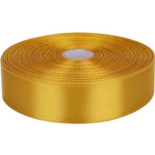 Baocuan 1 inch Golden Satin Ribbon 50 Yards Solid Fabric Ribbons Roll for Wedding Invitations Bridal Bouquets Sewing Party Decorations Gift Wrapping and More