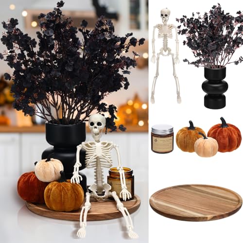 Pinkunn 13 Pcs Halloween Wood Round Tray Decor Set with 10'' Round Wood Tray 7.5'' Black Vase 15.8'' Skeleton Scented Candles Black Artificial Flowers Velvet Faux Pumpkin Halloween Table Desk Decor