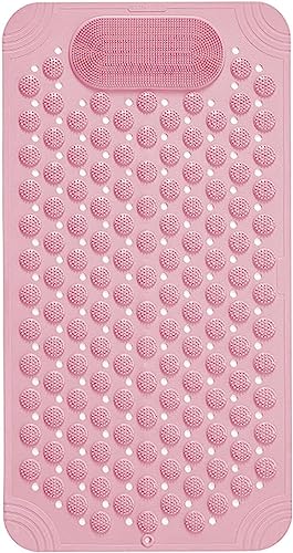 Image of VHKD PVC Bathroom Door Bath mat Anti Slip Skid with Foot Scrubber for Room Shower Suction Cups Drain Holes Silicone Floor mat Rectangle (Pink)