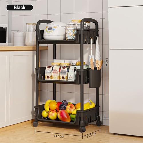 Image of Lukzer 3-Tier Multipurpose Plastic Storage Rack with Wheels & Side Hooks | Rolling Utility Organizer Shelf for Kitchen, Bathroom, Office & Home Use - 38.5 x 26 x 63 cm (Black) CH-094