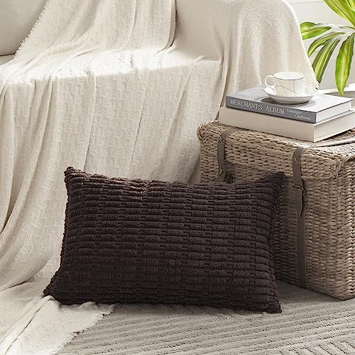 Fancy Homi 2 Packs Dark Brown Decorative Throw Pillow Covers 14x24 Inch for Living Room Couch Bed Sofa, Rustic Farmhouse Boho Home Decor, Soft Striped Corduroy Square Cushion Case 35x60 cm - Thumbnail 2