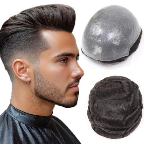 HAPPY&CC Toupee for Man Thin Skin PU Men's Hairpiece European Virgin Human Hair Replacement System