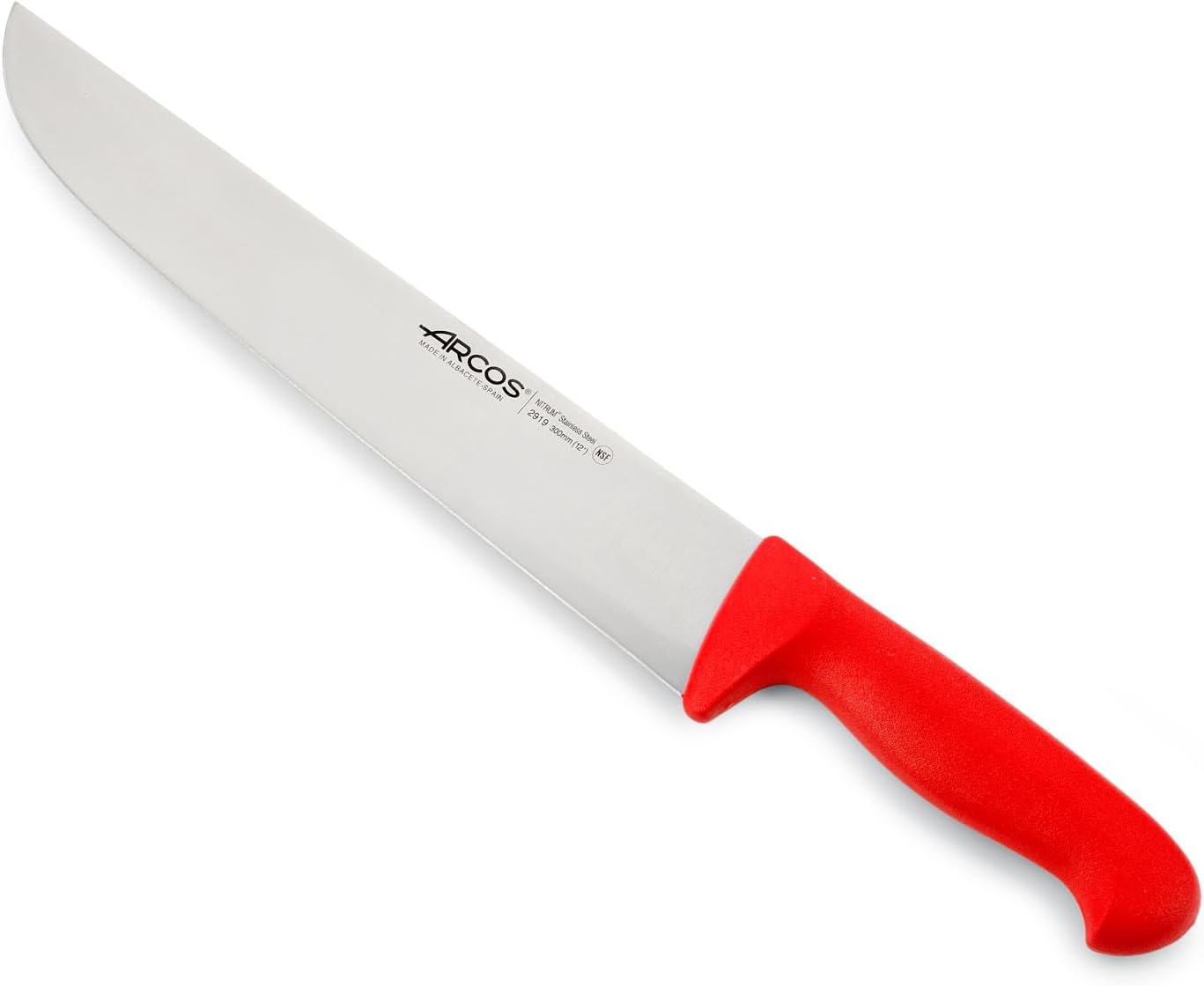 Arcos Range Butcher Knife 12 inch Nitrum Stainless Steel. Steak Knife. Polypropylene Red Handle. Color Identification System for Prolonged and Heavy Use. Series 2900. Color Red.