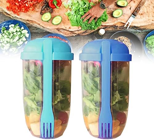 AGSIXZLAN 2pcs Salad Cup Set with Fork and Salad Dressing Holder - Keep Fit Salad Meal Shaker Cup - Portable Fruit and Vegetable Salad Cups Container for Lunch - （Blue+Green Salad） Container.
