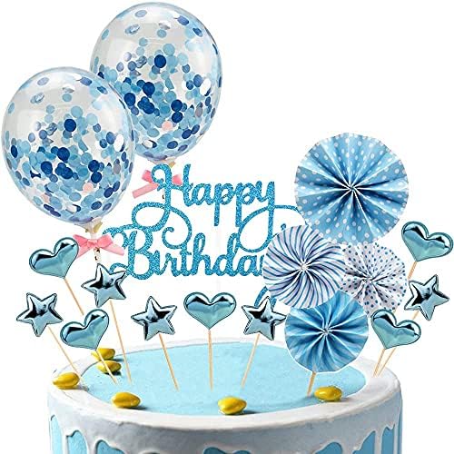 Blue Cake Topper Happy Birthday Cake Decoration Paper Fans Banner Cake Toppers Confetti Balloon Toppers Star Heart Cupcake Toppers for Boy Girl Women Birthday Party Decor