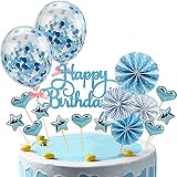 Blue Cake Topper Happy Birthday Cake Decoration Paper Fans Banner Cake Toppers Confetti Balloon Topp