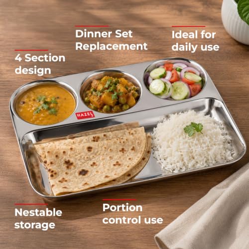Image of HAZEL 4 Compartment Stainless Steel Lunch Plate Set of 2 | All in 1 Big Section Plate