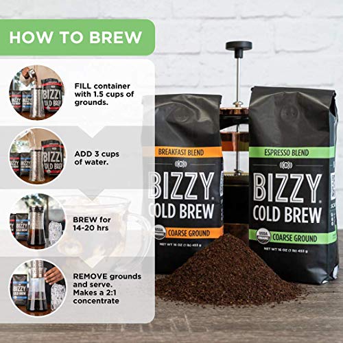 Bizzy Organic Cold Brew Coffee | Bundle | Coarse Ground Coffee | Dark & Bold 1 Lb + Espresso Blend 1 Lb | 2 Pack #TOP3
