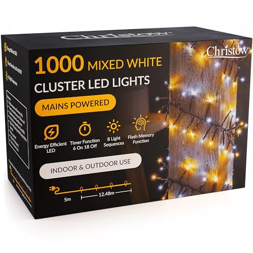 CHRISTOW 1000 LED Cluster Christmas Tree Lights, Mixed White Fairy Lights with Timer, 8 Light Modes, Energy Efficient 3mm Micro LEDs, Indoor & Outdoor, Mains Powered, Green Cable, 12.48m Lit Length