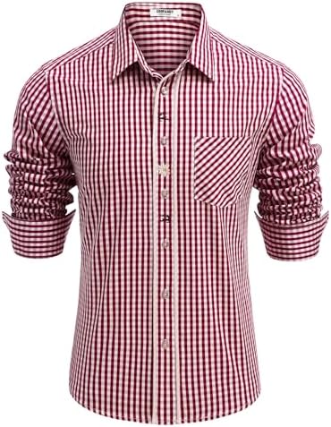 COOFANDY Herren Trachtenhemd Langarm Baumwolle Oktoberfest Hemd | Kariertes Hemd, Freizeithemd, Besticktes Bayrisches Karohemden, Herrenhemd Langarm, Regular Fit, mit Brusttasche