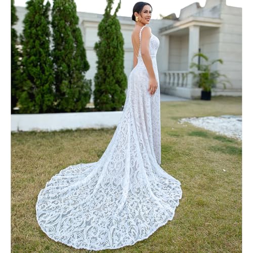 WIOJEIGO Women's Lace Boho Wedding Dress 2025 for Bride Spaghetti Straps Bohemian Long Mermaid Beach Bridal Gowns4