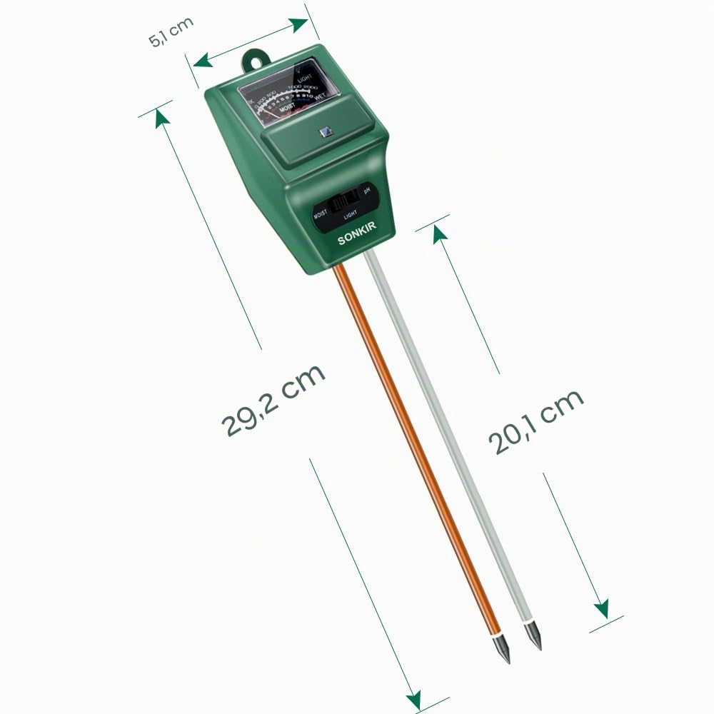 Sonkir Medidor de pH de Suelo, 3 en 1, medidor de Humedad/luz/pH del Suelo, Kits de Herramientas de jardinería para el Cuidado de Plantas, Ideal para jardín, césped, Granja (Verde)