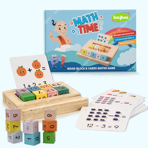 Image of Baybee Wooden Math Learning Puzzle for Kids with 26 Double Sided Flash Cards, 8 Number Blocks & Wooden Stand | Educational Counting, Addition & Subtraction Game Toy for Boys Girls Age 3-8 Years