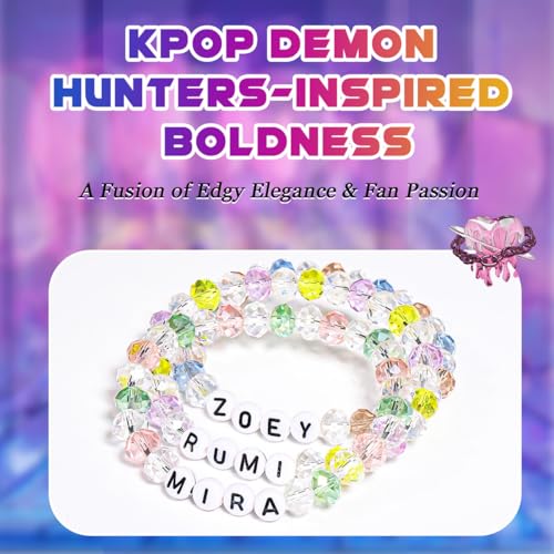 AICase for Kpop Demon Hunters Merch Rumi Zoey Mira Inspired Bracelets 3 Pcs Stackable Stretch Friendship Beaded Bracelets for Huntrix k pop Unique Merchandise Jewelry Gifts for Fans Women Men_Crystal2