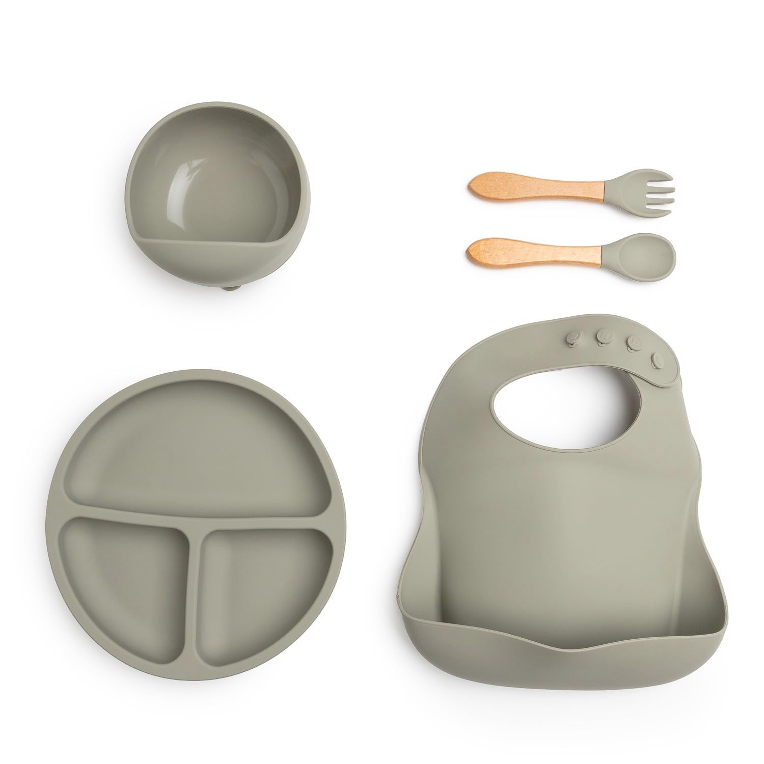 Regalo ecologico personalizzato per bambini | stoviglie in silicone e bavaglino ricamato con nome + biologico | fatto a mano in Spagna (Grigio | Set di Piatti + Bavaglino) | BebeDeParis