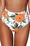 CUPSHE Damen Bikinihose High Waist Bikini Badehose Blumenmuster Raffungen Bikini Slip Orange XS