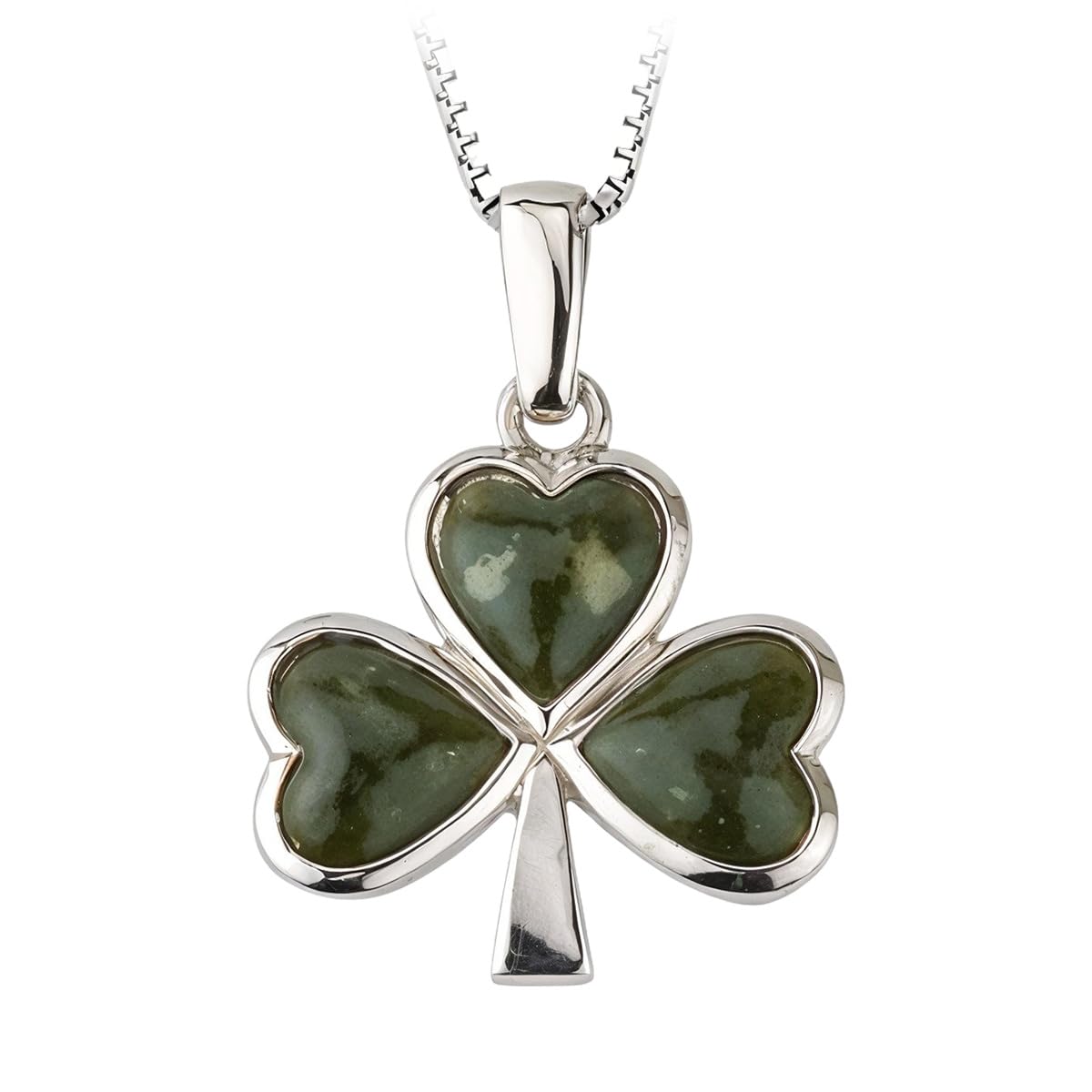 Genuine Irish Shamrock Necklace with Connemara Marble - 925 Sterling Silver Celtic Jewelry Assay Hallmarked in Dublin, Made in Ireland, Three-Leaf Clover Pendant with 18" Chain