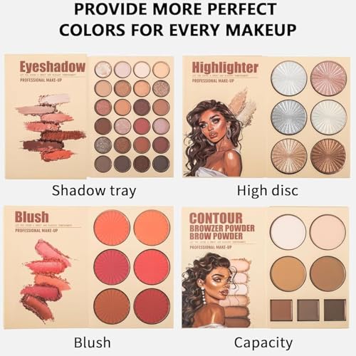 Image of Kamz Beauty 4-in-1 Makeup Book Palette All in One - Eyeshadow Palette, Highlighter Makeup, Blusher Contour, Bronzer Powder - Professional Cosmetic Kit for a Flawless Look For Women