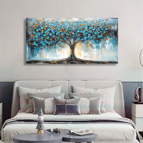 Image of Blue Tree Pictures Canvas Wall Art for Living room Office Bedroom Wall Decor,Abstract Wall Art Print Modern Noble Blue Tree Oil Painting Artwork Waterproof Ready to Hang-20x40inch