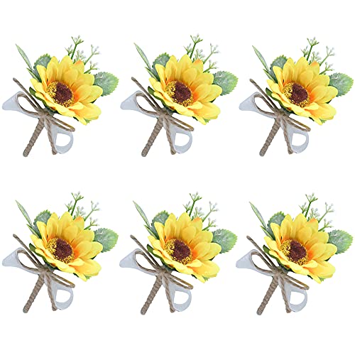 Pack of 6 Sunflower Boutonnieres with Pins for Groom Groomsmen Best Men Wedding Party Prom Suit (6 Boutonnieres)â€¦