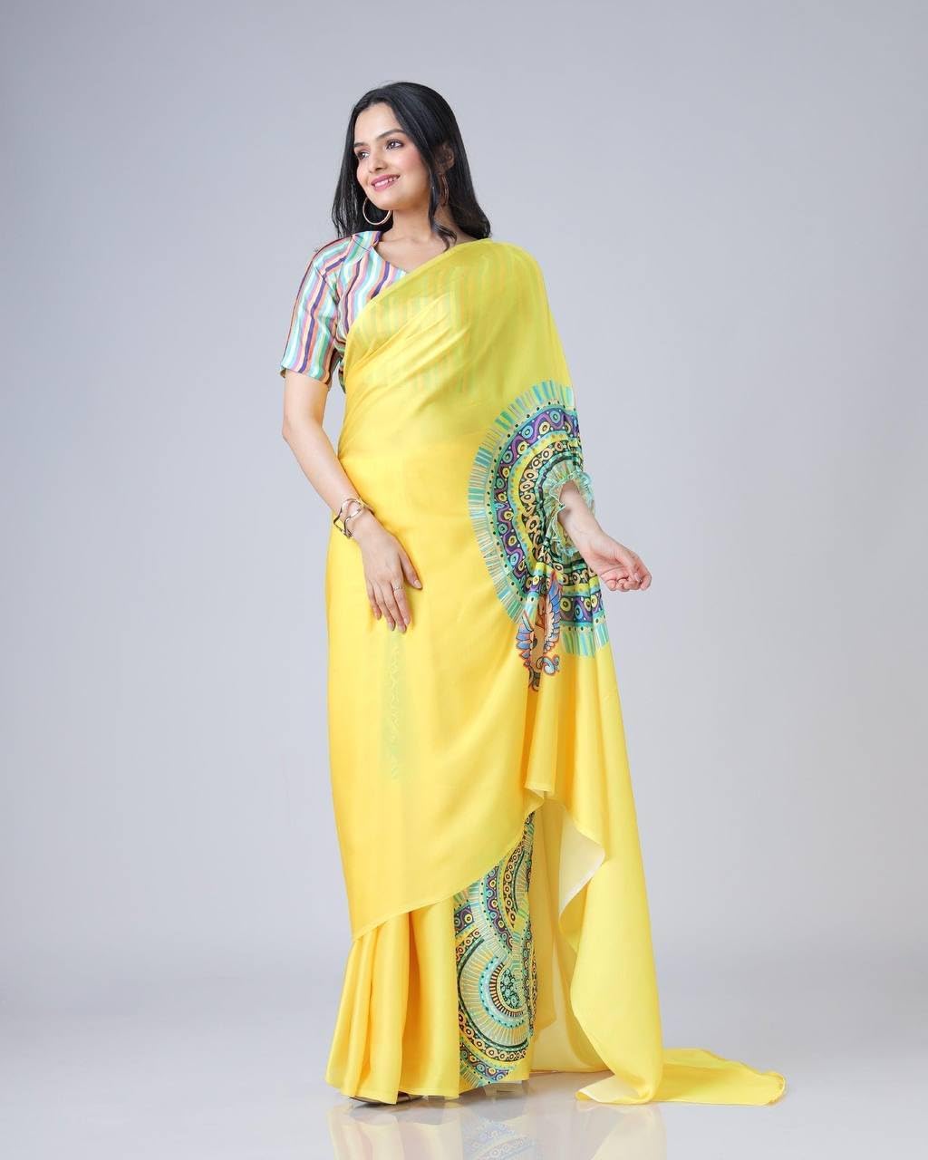 MOHIT CREATIONS One Minute & 2 Different Way Japan Satin Printed Hands Free Ready To Wear Saree With Unstiched Blouse Piece