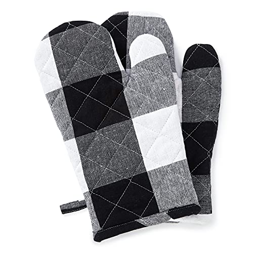 Image of Encasa XO Oven Gloves for Microwave (2 pc Set) - Heat Proof, Thick & Safe | Longer 18x30 cm Mittens for Protection in Kitchen Cooking & Baking - Buffalo Black Checks