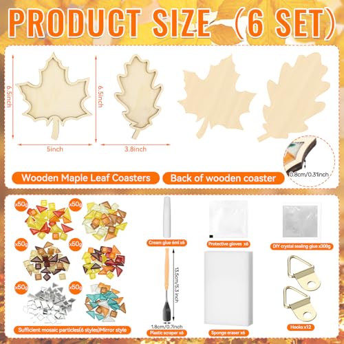 Honeydak 6 Sets DIY Glass Mosaic Tiles with 6 Wooden Coasters Making Mosaic Crafts Material Package Mixed Stained Glass for Handmade Colorful Home Decor Gift Indoor(Maple Leaf,Autumnal Color) - Thumbnail 2
