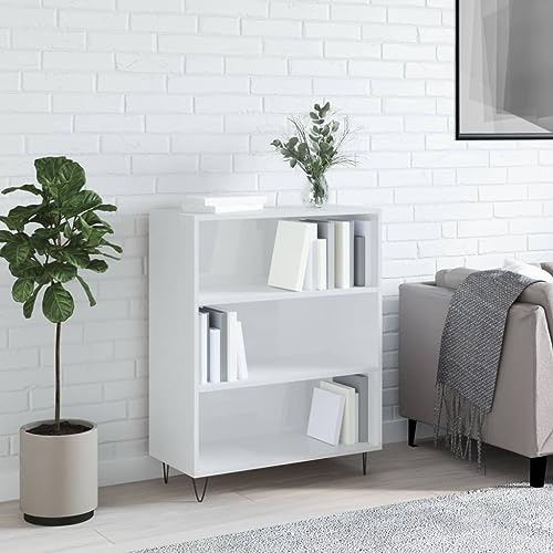 KLYEON Estantería Madera de ingeniería Blanco Brillo 69,5x32,5x90 cm,Estantería de Madera contrachapada con Patas metálicas para organizar Libros y Decorar Librerías y estanterías