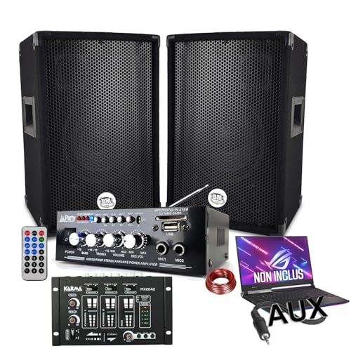 Pack sono 600W, AMPLI USB BLUETOOTH + 2 ENCEINTES 300W + Table de mixage USB, Câblages complet, PA DJ SONO MIX SOIREE MAISON BAR
