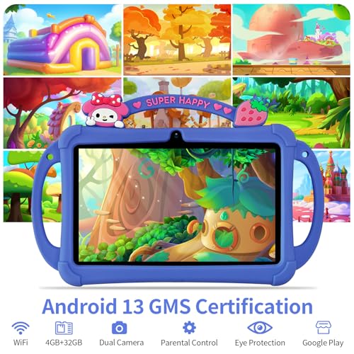 Image of PRITOM 7 inch Android Tablet for Kids,4GB RAM, 32GB ROM Storage,Quad Core Processor,1024x600 IPS Display,Wi-Fi and Bluetooth,Shock-Resistant Protective case, Built-in Parental Controls (Blue)