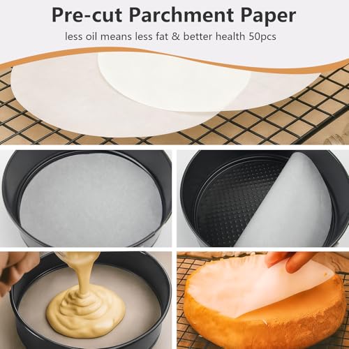 OAMCEG 3 Pcs Springform Cake Tin Set – 4/7/9 Inch Round Cake Tins for Baking – Detachable Carbon Steel Cheesecake Pan with 50 Parchment Liners & Silicone Spatula, Oven Safe & Leakproof - Image 6
