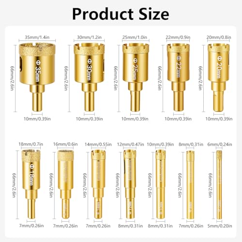 Image of Serplex Set of 12Pcs Diamond Drill Bit Hole Saw Kit for Ceramic & Tile, Multi-Size Diamond-Coated Hole Saw Set for Glass, Marble & Porcelain, Precision Cutting Bits with Storage Case