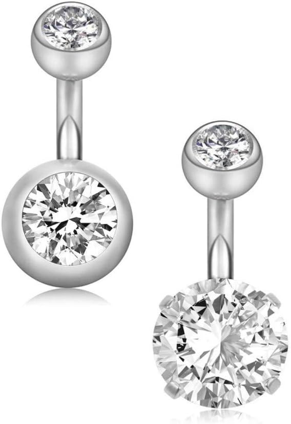 14G 6mm Short Bar, 10mm Normal Bar Stainless Steel Belly Button Rings Round Cubic Zirconia Navel Barbell Stud Body Piercing