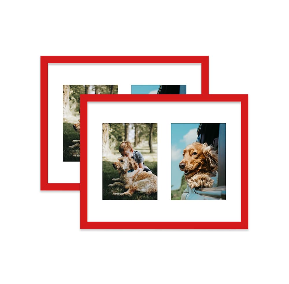 Red Multi Photo Frame - Holds 2 x 7x5 Pictures, Family Collage Picture Frame for Wall Display, 14x11 Frame size, Set of 2