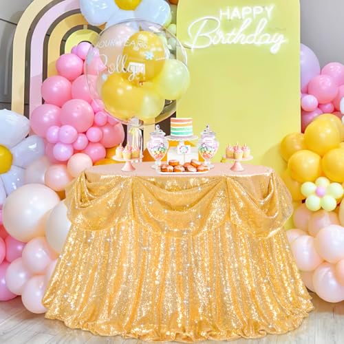 Image of B-COOL Gold Sequin Tablecloth Party Decorations: 90 Inch Round Table Cloth Sequins Fabric Overlay for Indoor Outdoor Dining Parties