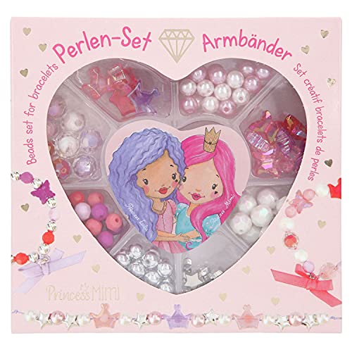 Depesche 11472 Princess Mimi - Juego de cuentas para hacer pulseras de diseño DIY con múltiples cuentas, colgantes, lazos y cinta elástica en caja de corazón transparente, carbón