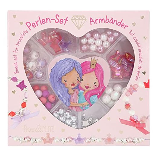 Depesche 11472 Princess Mimi - Juego de cuentas para hacer pulseras de diseño DIY con múltiples cuentas, colgantes, lazos y cinta elástica en caja de corazón transparente, carbón