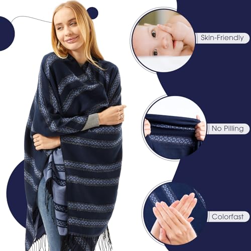 Women's Tassel Open Front Poncho Cape 51.2 x 61'' Reversible Winter Warm Shawl Wrap Printed Poncho Cardigan for Women4
