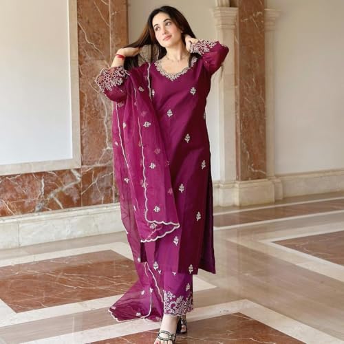 Image of Royal Export Women's Kurta Set | Viscose Silk Floral Embroidered Straight Kurta Pant Dupatta Set Kurta Sets for Women | Ladies Kurta Set (RX60-P)